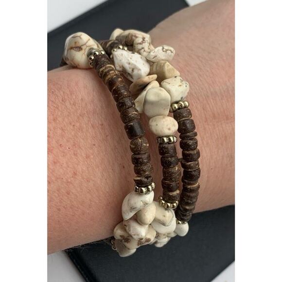 Layered Memory Wire Bohemian Wood And Stone Stacked Layered Bracelet - Picture 4 of 4